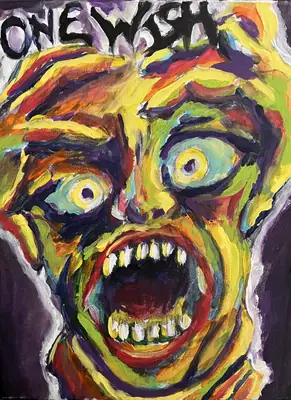 Painting by corrow: screaming yellow face with "ONE WISH" lettering