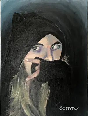 Painting by corrow: hooded girl covering her face with a sleeve