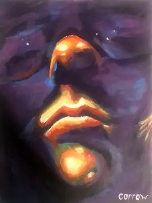 Painting by corrow: face lit from below in violet and orange glow