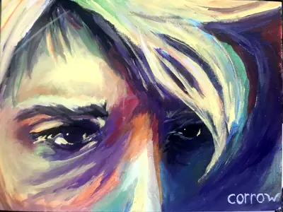 Painting by corrow: extreme close-up of eyes under blond fringe, vivid color