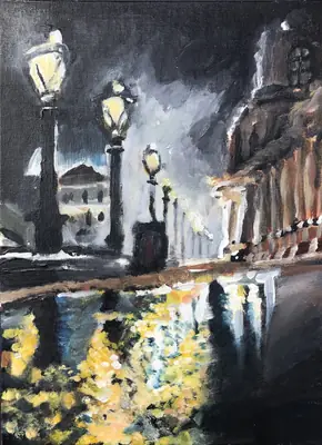 Painting by corrow: lamplit night street with wet reflections