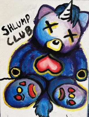 Painting by corrow: "SHLUMP CLUB" unicorn teddy sitting, heart nose