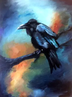 Painting by corrow: raven on branch, warm/cool atmospheric background