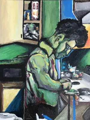 Painting by corrow: man cooking at a stove in a green kitchen