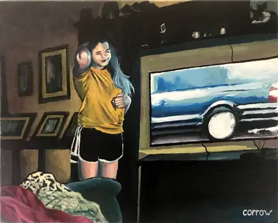 Painting by corrow: girl in yellow shirt in dim TV-lit room