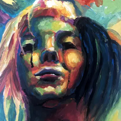 Painting by corrow: prismatic expressive face, fauvist color