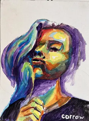 Painting by corrow: woman with hand at chin, prismatic face and violet hair