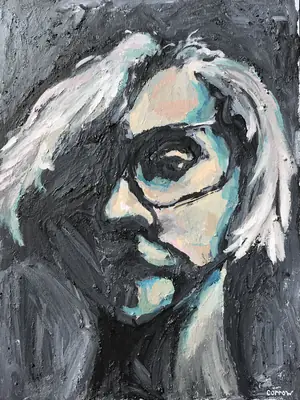 Painting by corrow: near-monochrome portrait of man with glasses and white hair