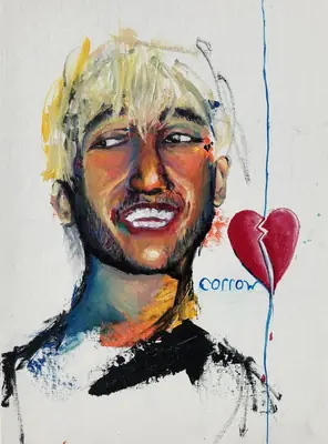 Painting by corrow: grinning blond man with broken-heart balloon