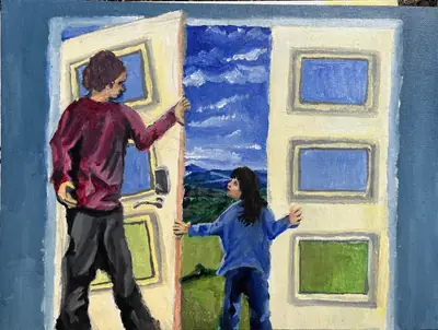 Painting by corrow: man opening a door onto open landscape where a girl waits