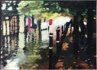 Painting by corrow: rainy street with umbrellas, reflections
