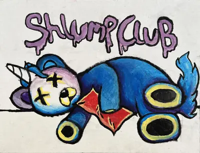 Painting by corrow: "SHLUMP CLUB" unicorn teddy lying down, drippy lettering