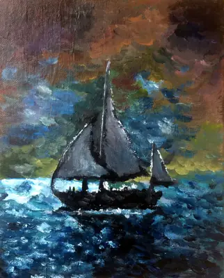 Painting by corrow: sailboat on stormy sea