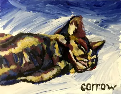 Painting by corrow: sleeping tabby cat on blue/white