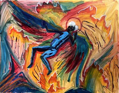 Painting by corrow: haloed figure falling through fire and wings