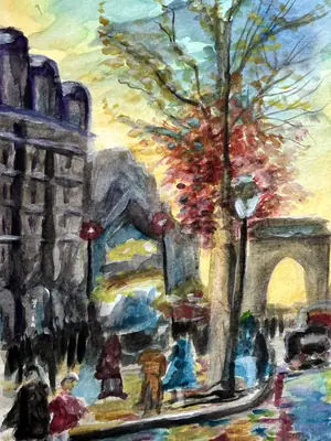 Painting by corrow: autumn Paris street with arch and pedestrians