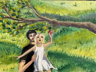 Painting by corrow: couple under a tree, girl holding up an apple