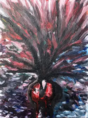 Painting by corrow: crimson peacock/bird with dark fanned plumage