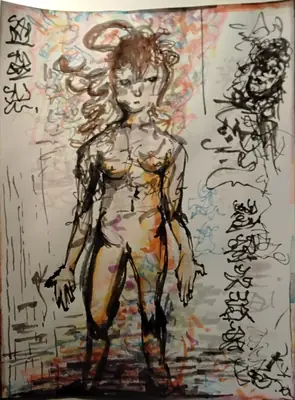 Drawing by corrow: dense ink full-figure with wild hair, glyph columns, hatched floor