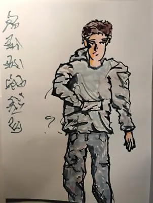 Drawing by corrow: young man in grey jacket and jeans, glyph column, bold contour